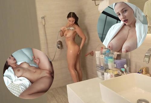 Подглядывал как сводная сестра трахает прилипной член в душе и предложил свой вместо резины